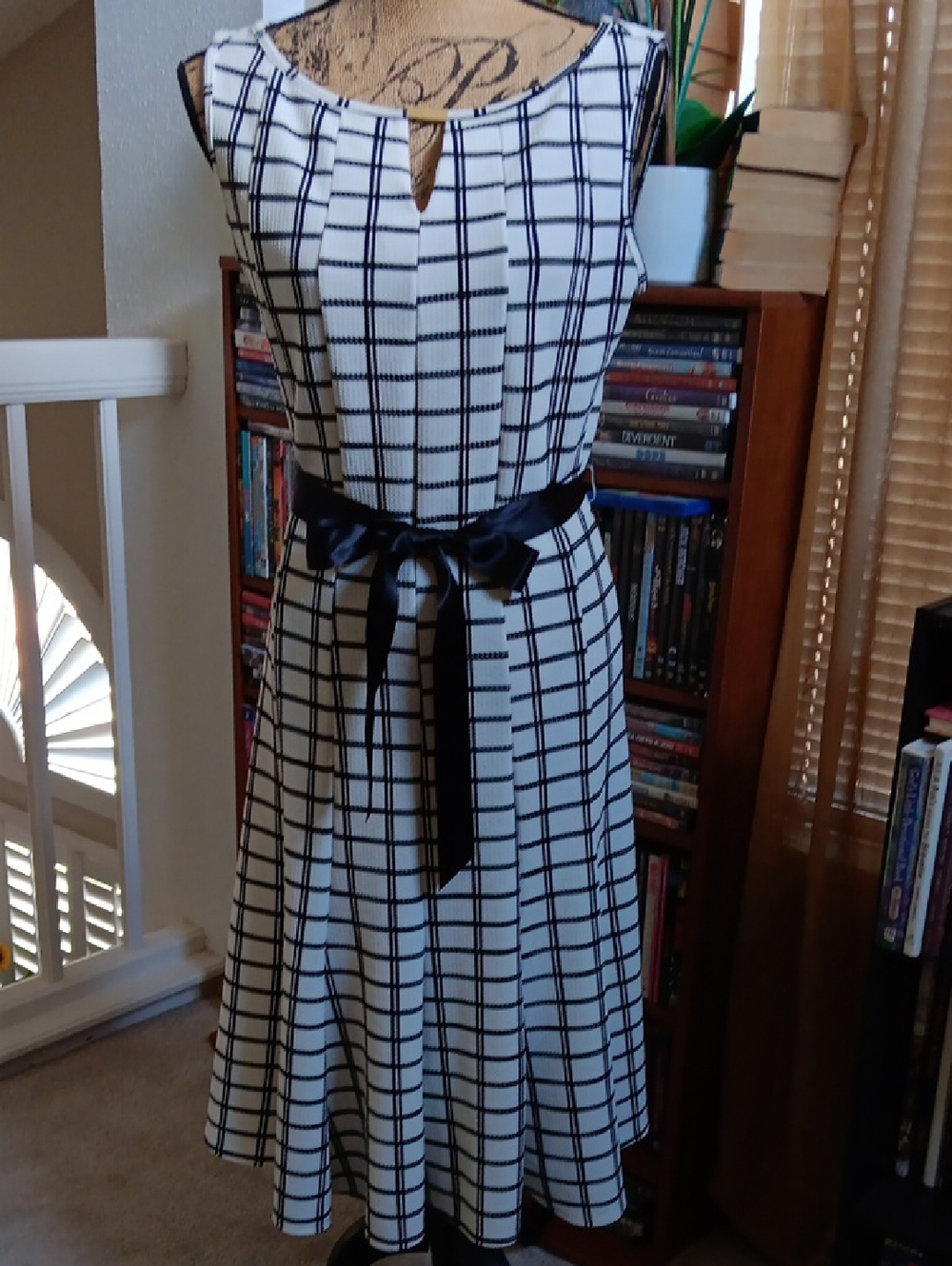 Haani Black and White Windowpane Midi Dress with Satin Sash